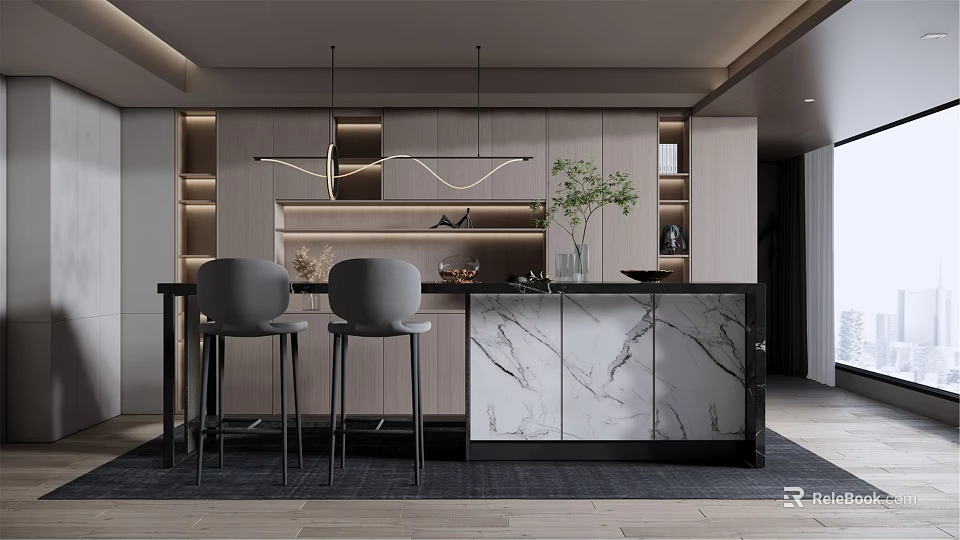 Modern Open Restaurant Interior With Marble Bar Counter And Gray Pendant Lights 3d model 