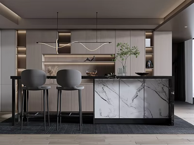 Modern Open Restaurant Interior With Marble Bar Counter And Gray Pendant Lights 3d model