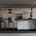 Modern Open Restaurant Interior With Marble Bar Counter And Gray Pendant Lights