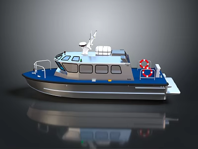 Modern Blue And White Water Vessel With Railing Lifebuoy And Upper Deck Equipment 3d model
