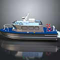 Modern Blue And White Water Vessel With Railing Lifebuoy And Upper Deck Equipment