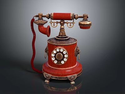 Vintage Red Rotary Dial Telephone With Metal Decorations And Retro Design Cord 3d model