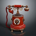 Vintage Red Rotary Dial Telephone With Metal Decorations And Retro Design Cord