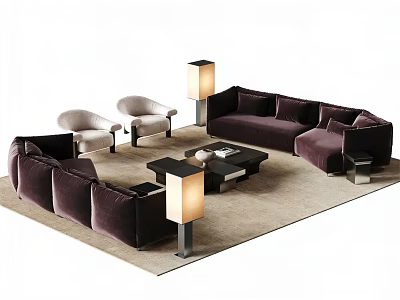 Elegant Modern Sofa and Coffee Table Set With Armchairs Floor Lamps and Rug 3d model