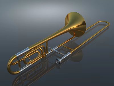 Golden Shiny Trombone Musical Instrument With Metal Slide Bell And Reflective Surface 3d model