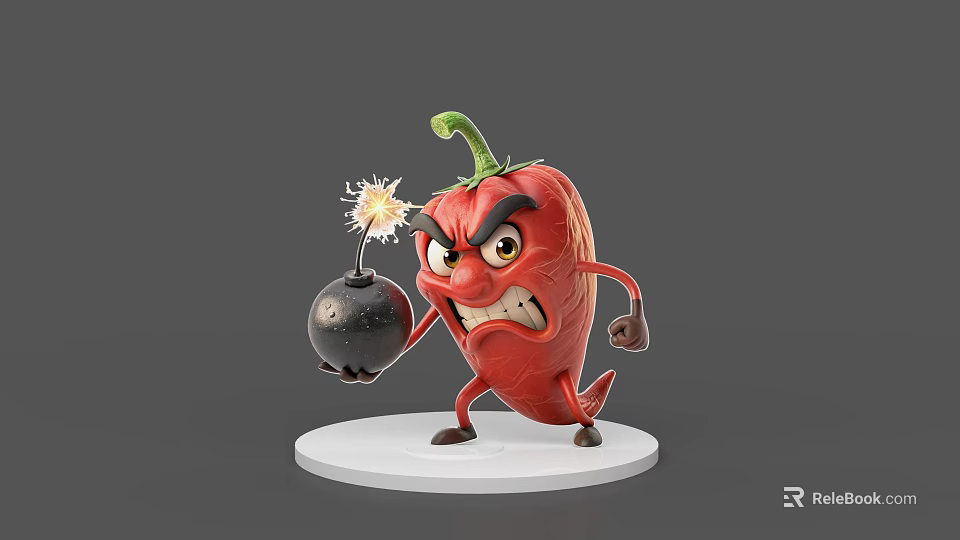 Cartoon Red Chili Pepper Game Character With Angry Expression Holding Bomb And Spark 3d model 