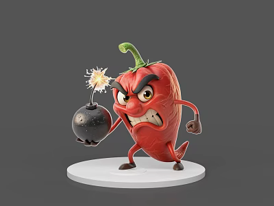 Cartoon Red Chili Pepper Game Character With Angry Expression Holding Bomb And Spark 3d model