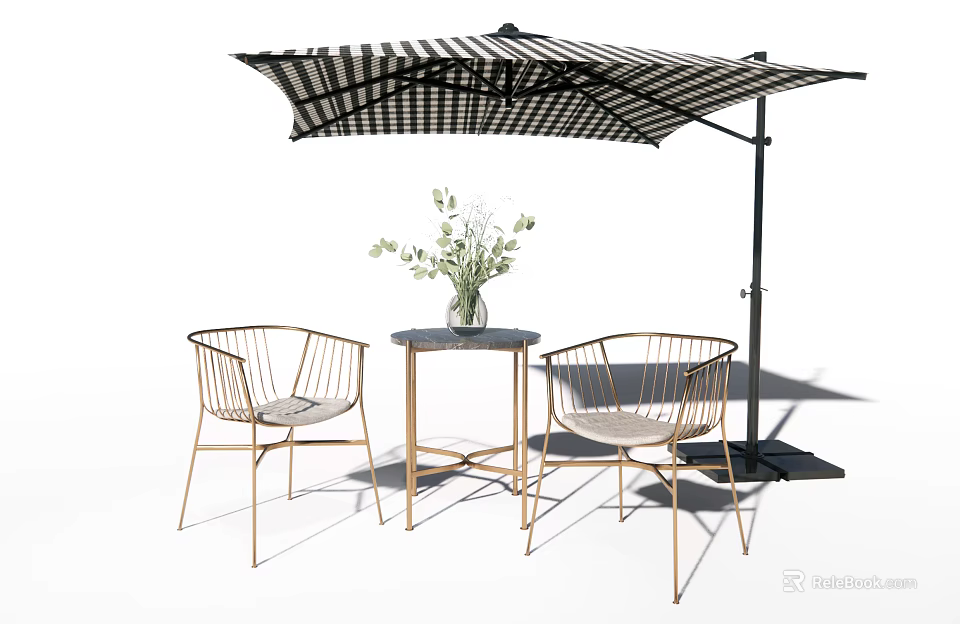 Outdoor Patio Table With Metal Woven Chairs Striped Umbrella And Vase Holding Green Plants 3d model 