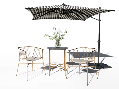 Outdoor Patio Table With Metal Woven Chairs Striped Umbrella And Vase Holding Green Plants 3d model
