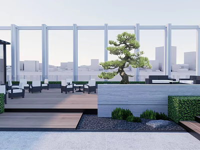 Modern Rooftop Garden With Wooden Deck Stone Low Wall Green Plants And City Background 3d model