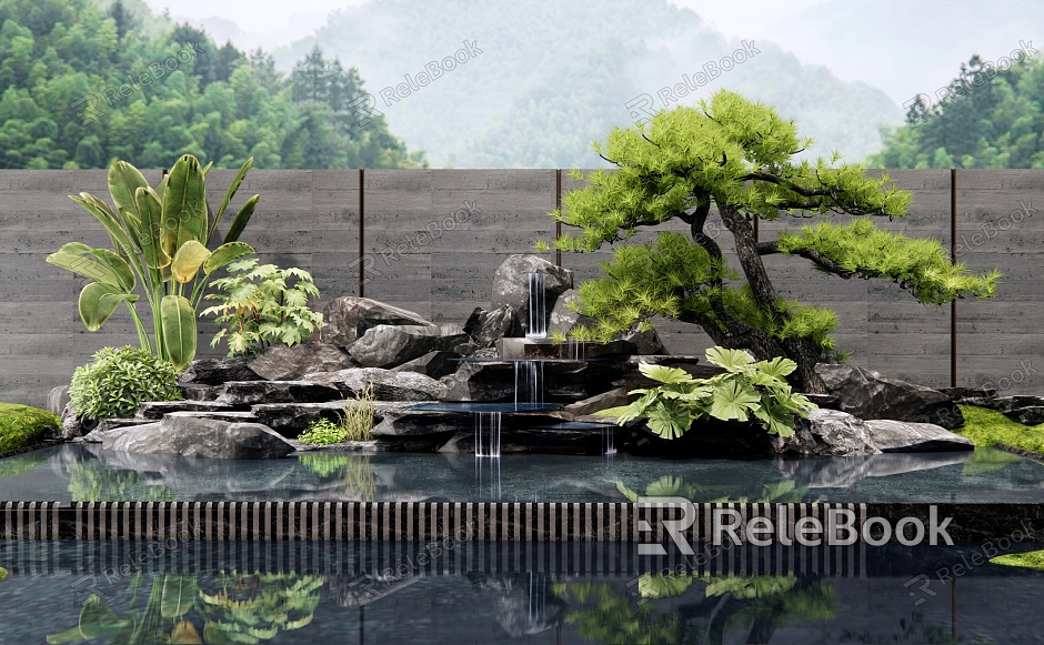 New Chinese-style rockery waterscape waterscape waterfall landscape stone stone plant landscaping pine model