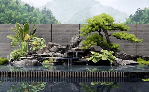 New Chinese-style rockery waterscape waterfall landscape stone plant landscaping pine 3d model