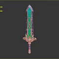 Fantasy Decorative Sword With Green Blade Intricate Golden Patterns And Purple Hilt