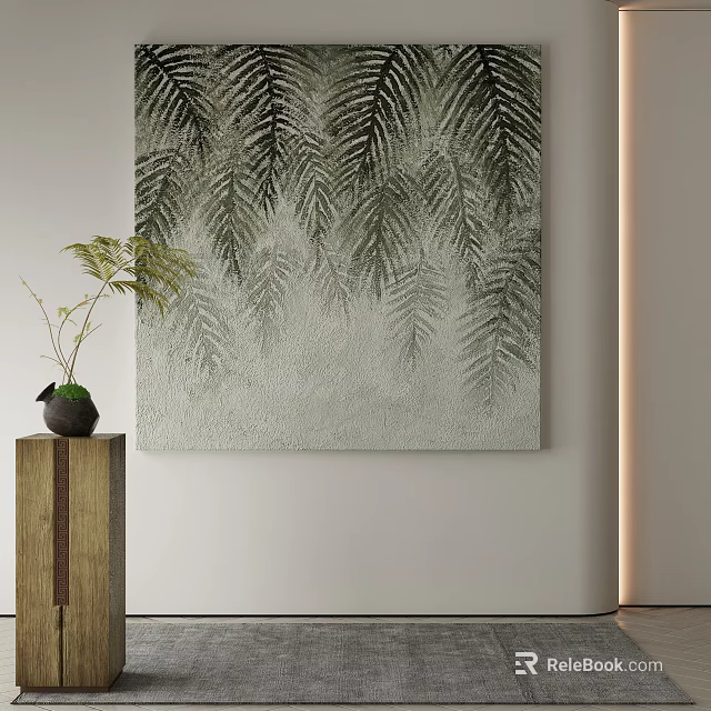 Abstract Painting With Fern Leaf Patterns On Light Colored Background Hanging On Wall 3d model