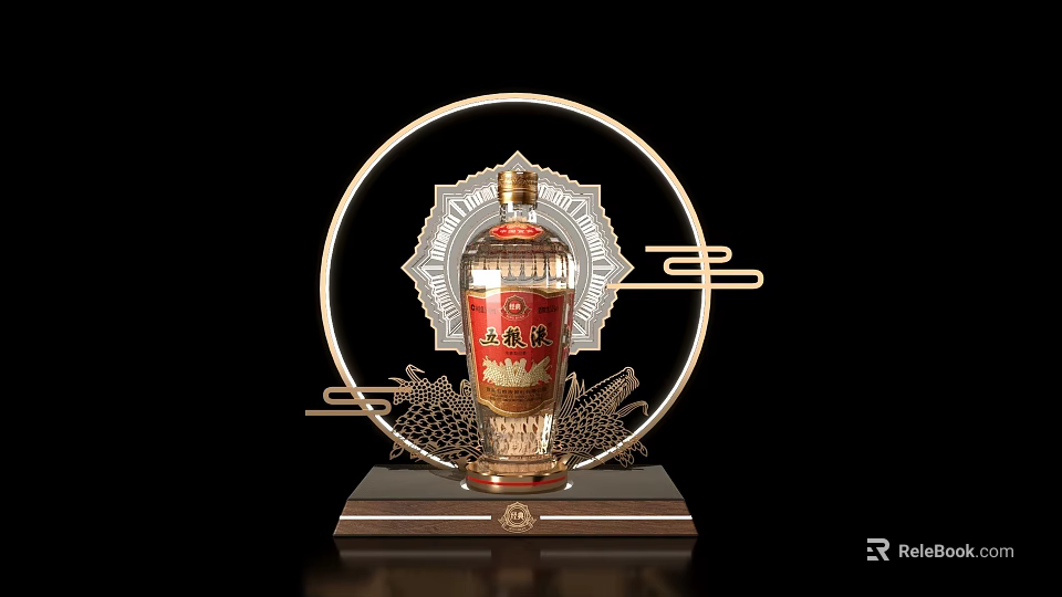 Elegant Art Installation With Golden Circular Frame Dragon Pattern Radiant Background And Central Liquor Bottle 3d model 