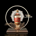 Elegant Art Installation With Golden Circular Frame Dragon Pattern Radiant Background And Central Liquor Bottle