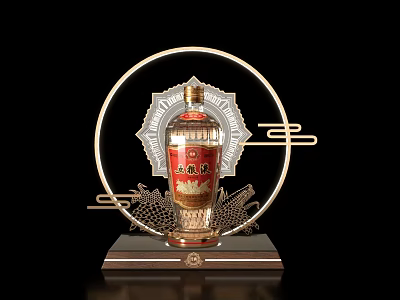 Elegant Art Installation With Golden Circular Frame Dragon Pattern Radiant Background And Central Liquor Bottle 3d model