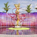 Golden Human Shaped Sculpture Featuring Red Spiral Structures Palm Trees And Colorful Vertical Striped Wall