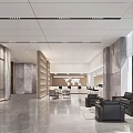 Modern Reception Desk in Spacious Lobby with Gray Marble Walls Sofa Seating and Green Plants