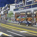 Vibrant Commercial Street at Dusk with Illuminated Modern Buildings Shops Pedestrians and Moving Cars