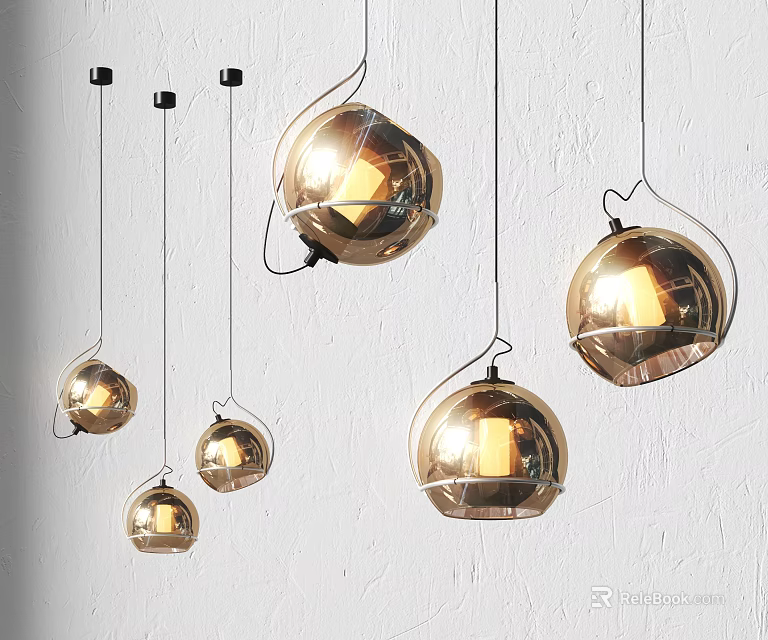Multiple Golden Spherical Pendant Lights Hanging With Metallic Shine On White Wall 3d model 
