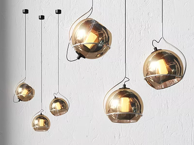 Multiple Golden Spherical Pendant Lights Hanging With Metallic Shine On White Wall 3d model