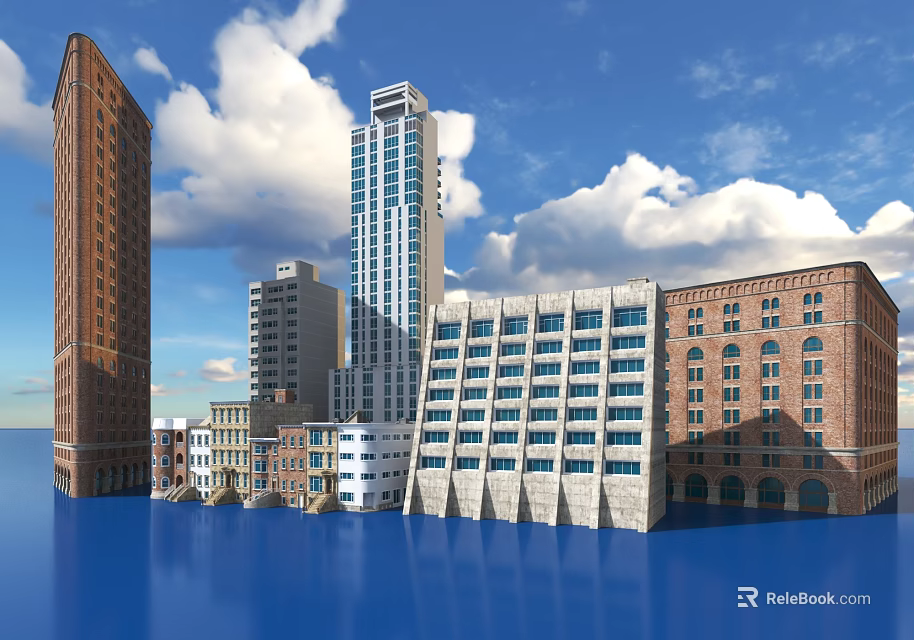 Various Architectural Styles Including High Rise Low Rise Buildings With Blue Sky And Water 3d model 