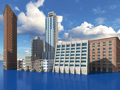 Various Architectural Styles Including High Rise Low Rise Buildings With Blue Sky And Water 3d model