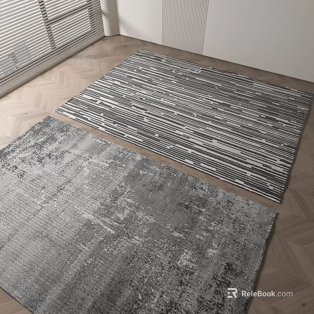 Gray Textured And Black White Striped Square Rugs On Wooden Floor 3d model 
