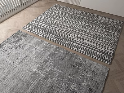 Gray Textured And Black White Striped Square Rugs On Wooden Floor 3d model