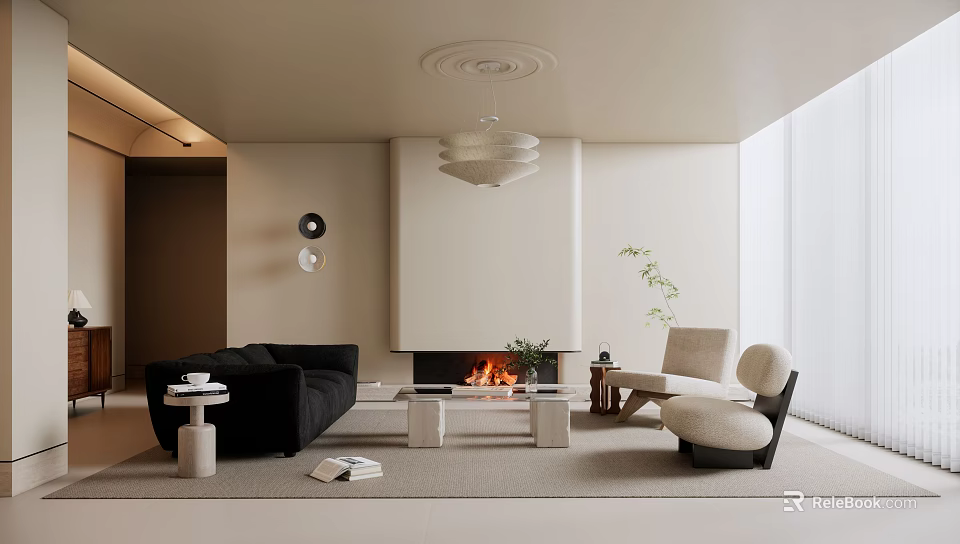 Modern Living Room Interior Design With Black Sofa Fireplace Chandelier Coffee Table And Rug 3d model 