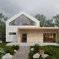 Modern Detached Villa White Exterior Large Glass Windows Wooden Porch Surrounded by Trees