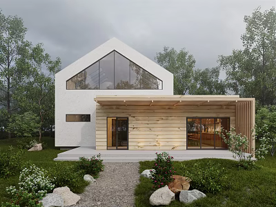 Modern Detached Villa White Exterior Large Glass Windows Wooden Porch Surrounded by Trees 3d model