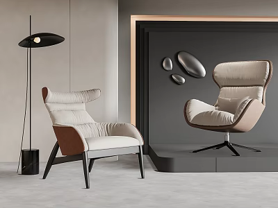 Modern Leisure Chairs With Beige Upholstery Black Legs In Grey Room With Floor Lamp 3d model