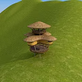 Road Infrastructure With Multi Storey Bamboo Building And Thatched Roof On Green Hillside Grassland