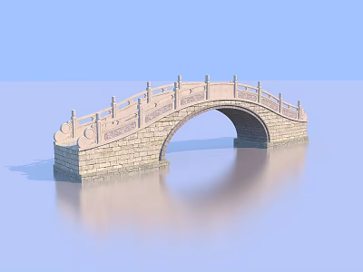 Traditional Stone Arch Bridge With Ornate Railing Over Calm Water And Reflection 3d model