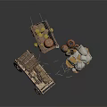 Rustic Wooden Cart With Cage And Crate Filled With Items And Stacked Sandbags