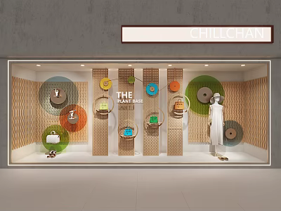 CHILCHAN Shop Window Display with Colorful Circular Decorations Mannequin in White Dress and Wooden Backdrop 3d model