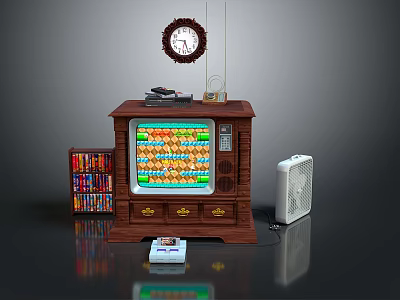 Vintage TV On Wooden Cabinet With Wall Clock Radio Bookcase With Books And Fan 3d model