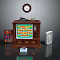 Vintage TV On Wooden Cabinet With Wall Clock Radio Bookcase With Books And Fan