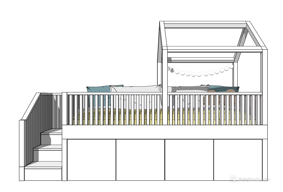 Kids Loft Bed With Stairs Railing Storage Space And Decorative Pendant 3d model 