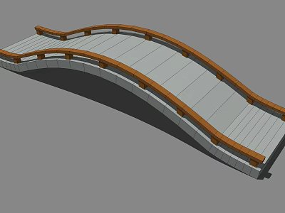 Traditional Arched Bridge With Wooden Railings And Stone Slab Deck 3d model
