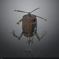 Futuristic Space Aerial Vehicle With Wooden Barrel Body Propellers And Mechanical Legs