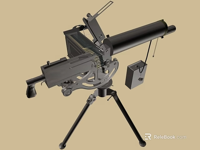 Military Heavy Machine Gun Weapon With Tripod Support Ammunition Belt And Barrel Design 3d model 