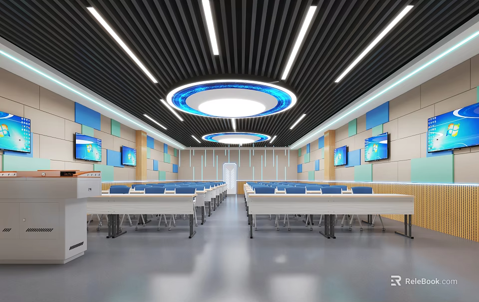 School Modern Classroom With Multimedia Screens Blue Chairs White Desks And Ceiling Lights 3d model 
