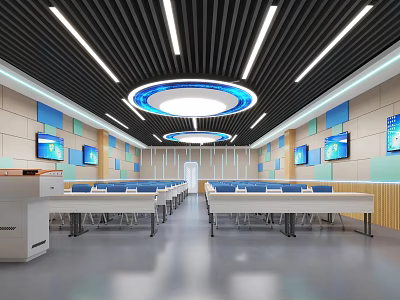 School Modern Classroom With Multimedia Screens Blue Chairs White Desks And Ceiling Lights 3d model