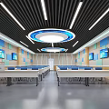 School Modern Classroom With Multimedia Screens Blue Chairs White Desks And Ceiling Lights