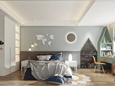 Kids Room Interior Design With Bed World Map Wall Decor Chalkboard Wall Bookshelf And Chair 3d model
