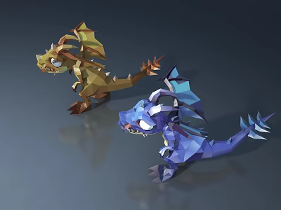 Two Low Poly Style Dragon Figurines Yellow And Blue With Wings Tail On Gray Background 3d model
