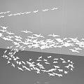 White Paper Crane Hanging Decorations With Flock Design On Gray Background And Reflection 3d model